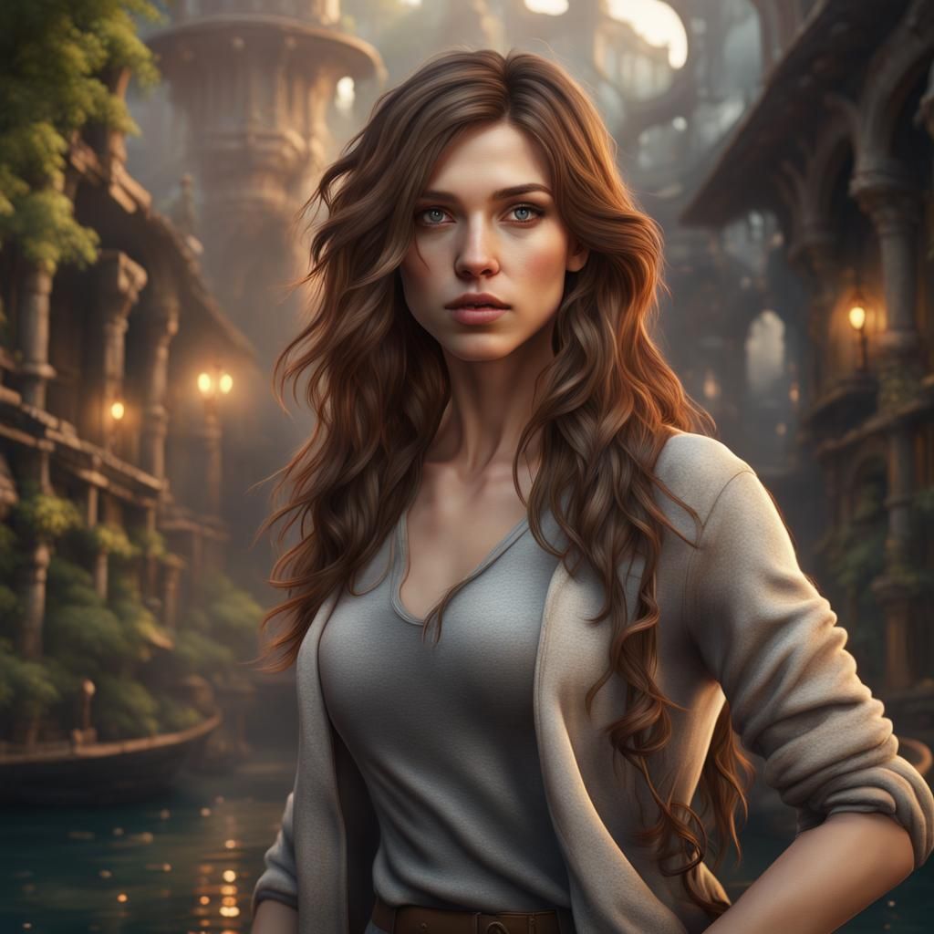 Beautiful Brown-Haired Woman in Detailed Matte Painting