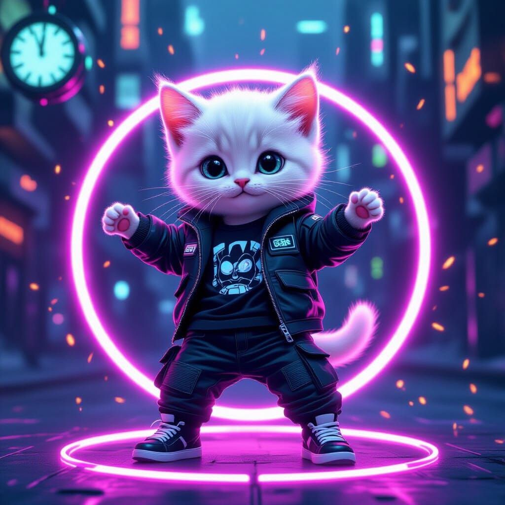 Cyberpunk Kitten Dances in Neon Cityscape