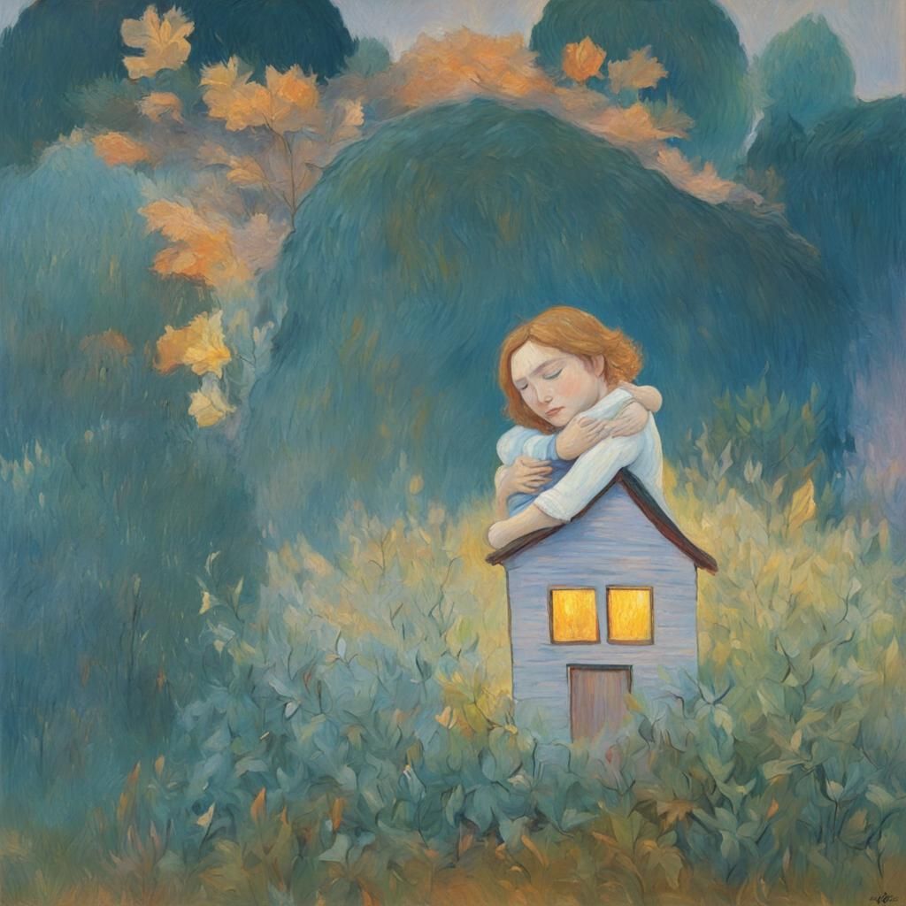 Person Hugging House in Warm Impressionist Oil Painting