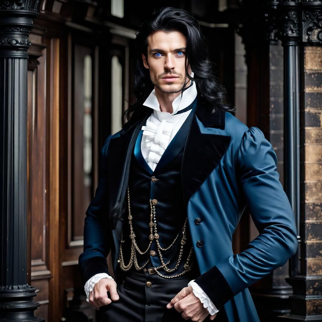Victorian Man with Blue Eyes in Dark Fashion