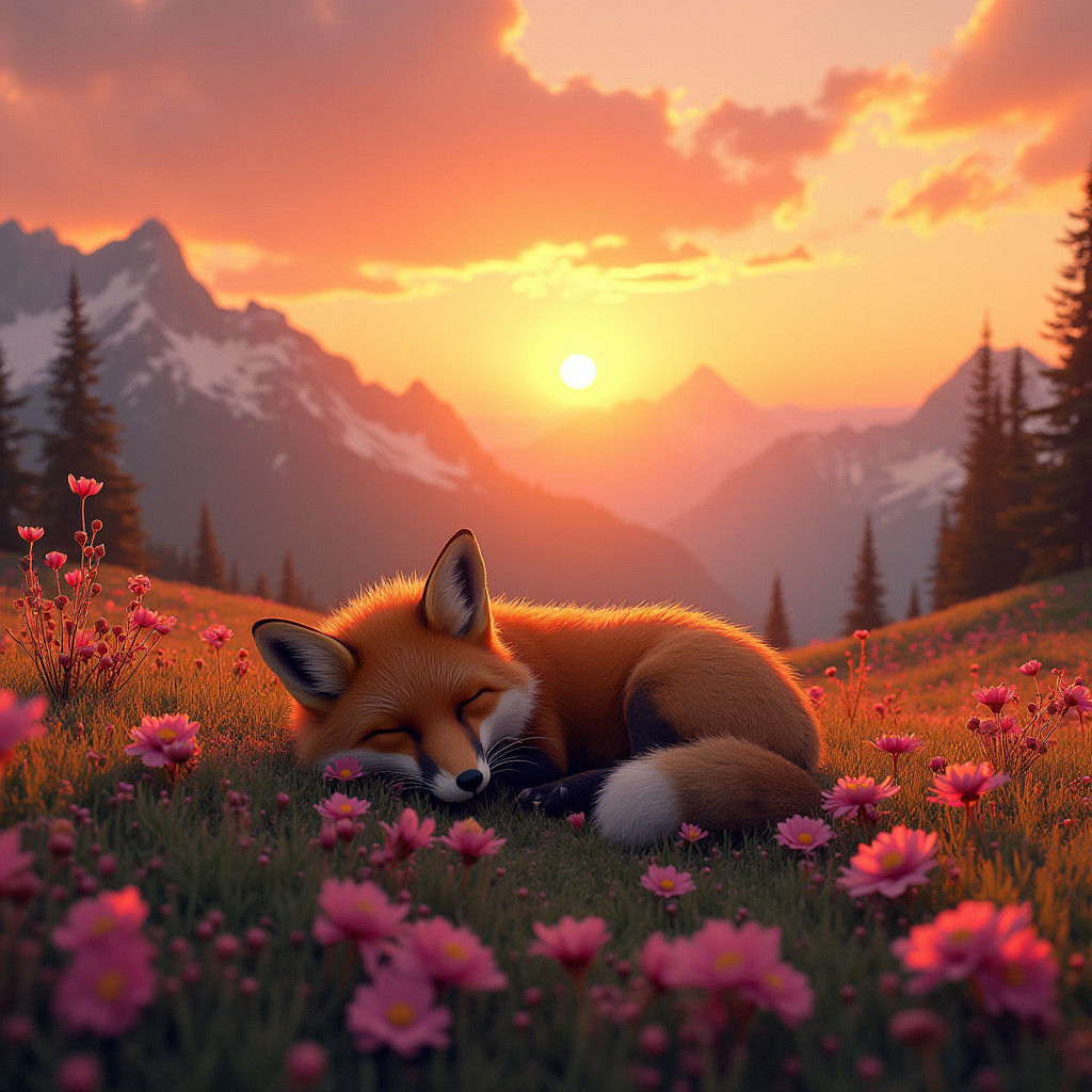 Fox Sleeping in Mountain Sunset Flower Field