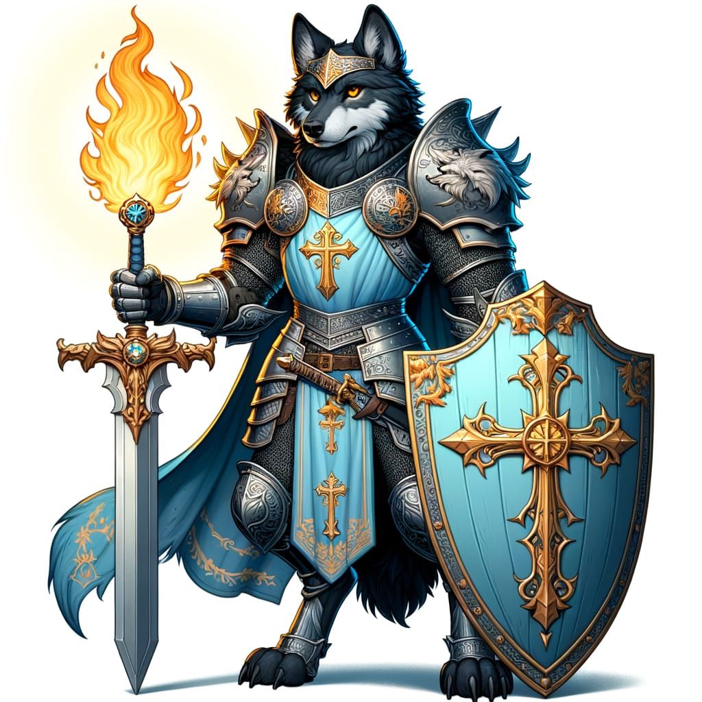 Majestic Black Wolf in Light Blue Armour Wields Flaming Swor...