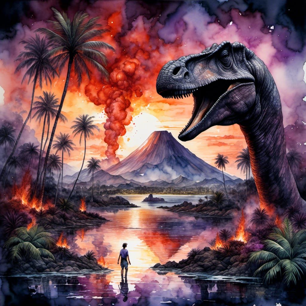 Watercolor Double Exposure: Asteroid, Brontosaurus, Volcano