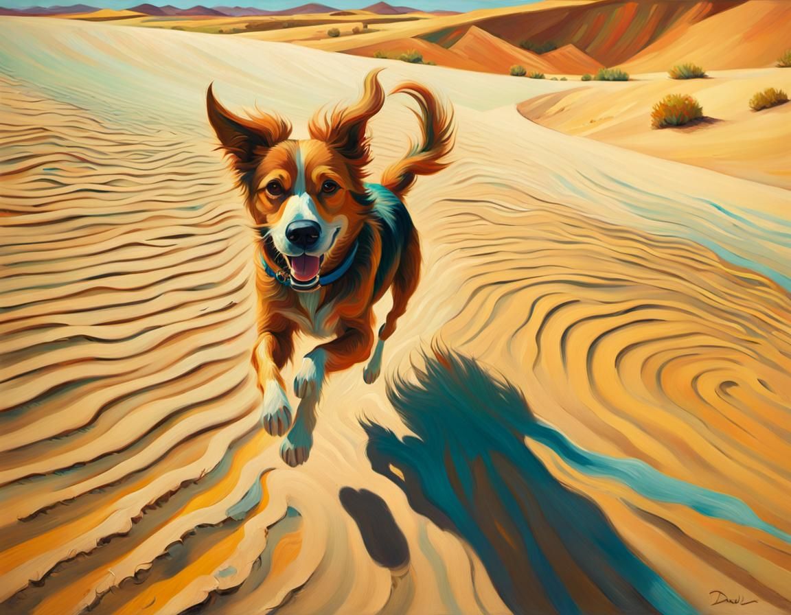 Happy Dog Runs in Desert: Van Gogh-Inspired Oil Painting