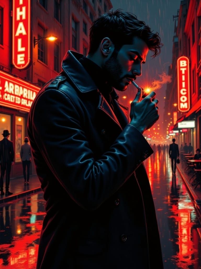 Dark City Noir: Gritty Detective in Rainy Night