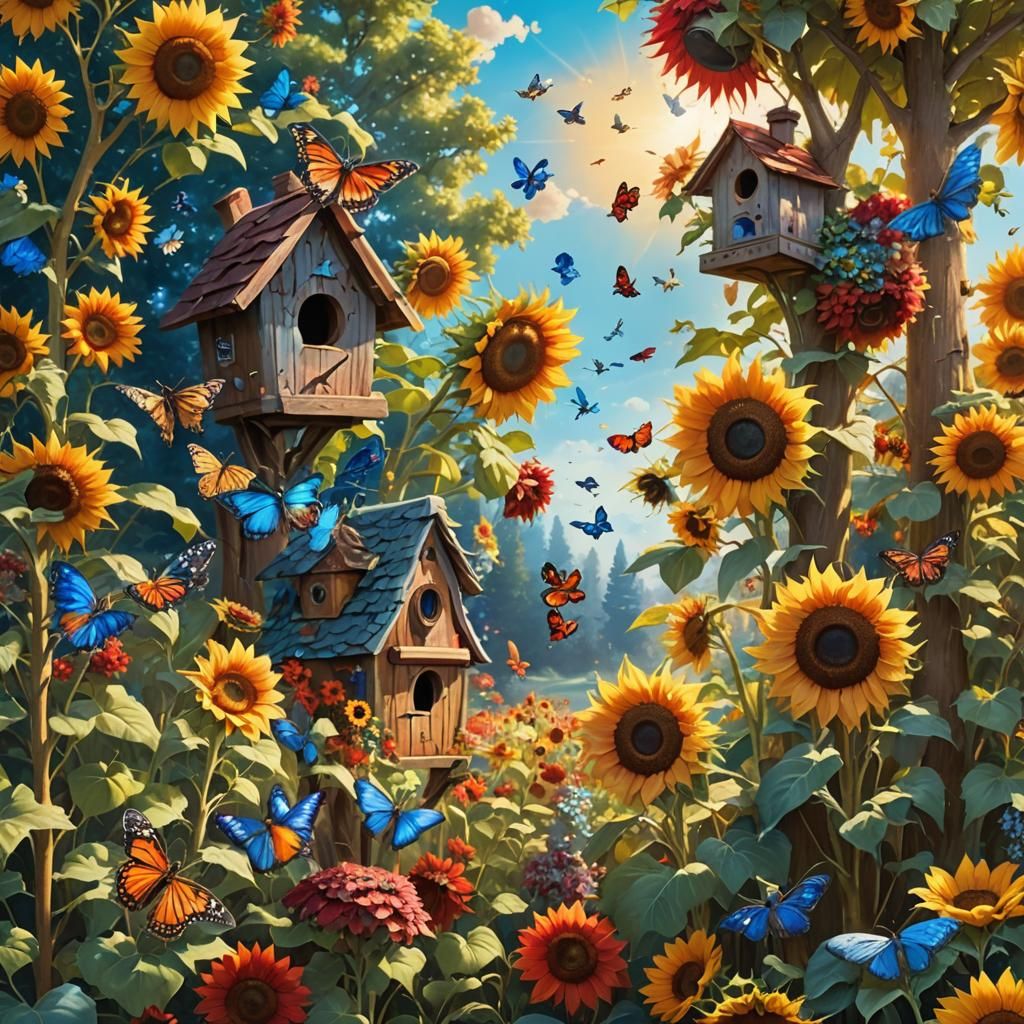Giant Sunflowers in Vibrant Fantasy Garden Art