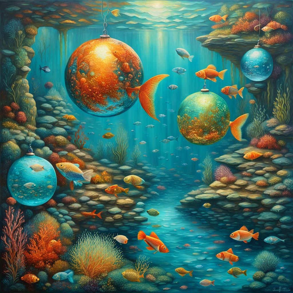 Turquoise Orbs in Underwater Paradise: Oil Painting