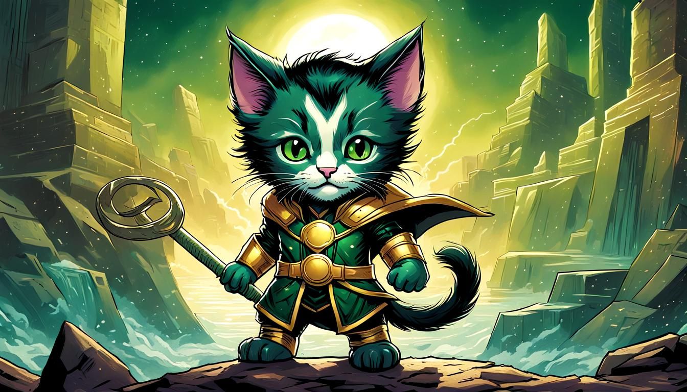Kitten as Loki in Comic Book Art