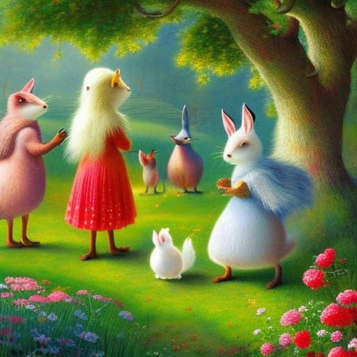 Rabbits' Picnic in Meadow: Fairycore Digital Illustration