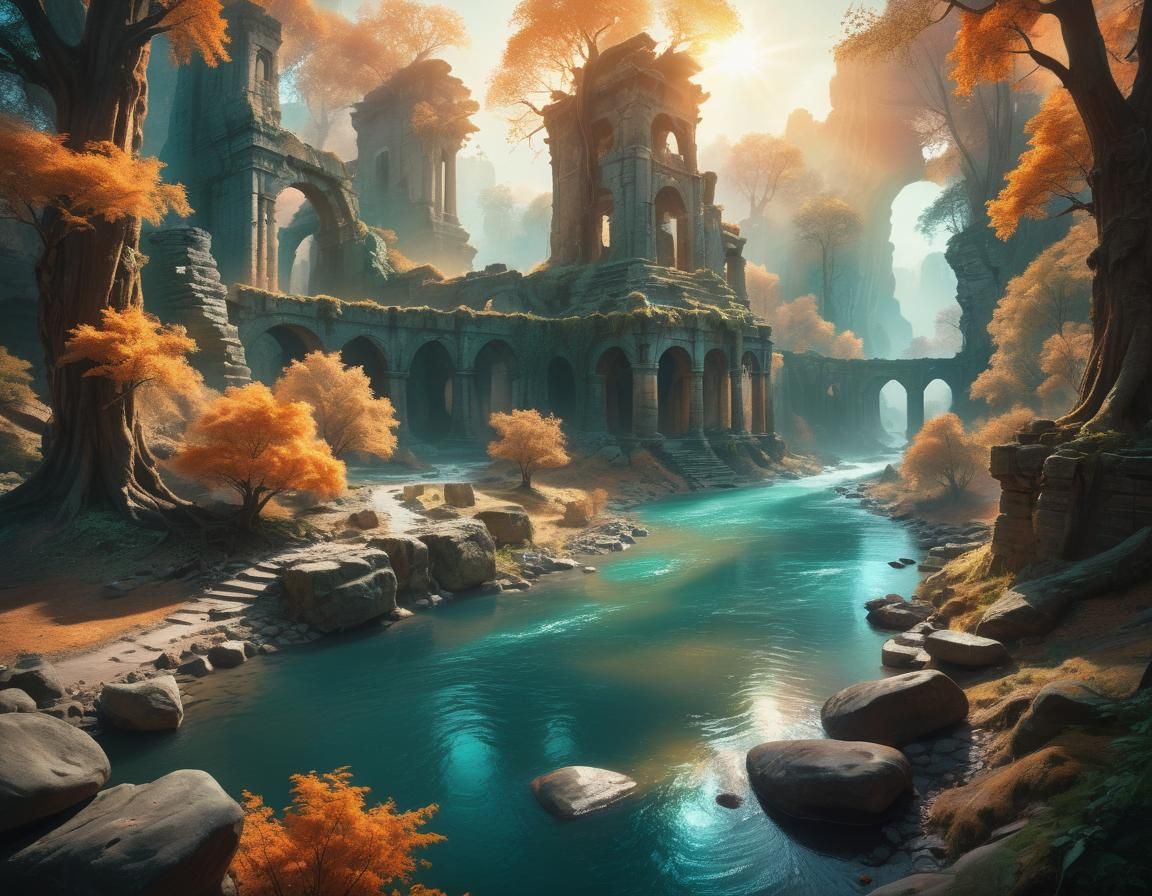 Mystical Orange and Teal River in Fantasy Landscape