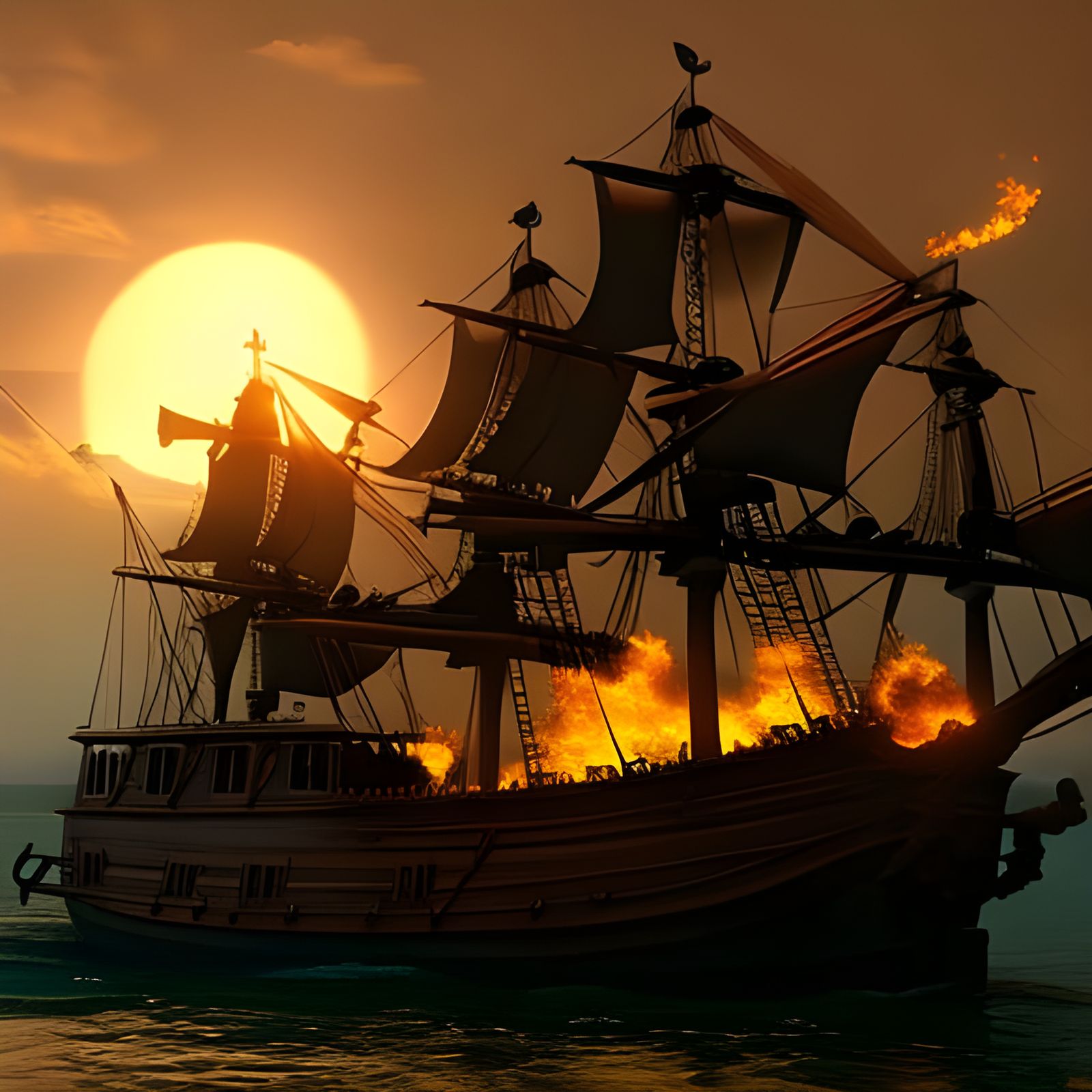 Pirate Ship Attack in 18th Century, Detailed Matte Painting