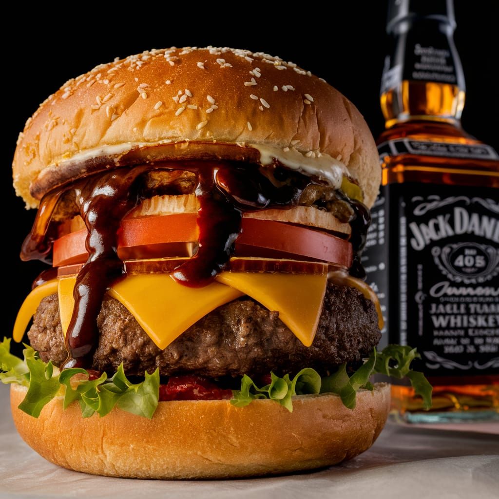 Delicious Hamburger and Whiskey Close-Up Photo