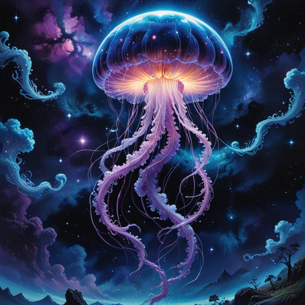 Bioluminescent Jellyfish Drifting Through Deep Space as Visi...