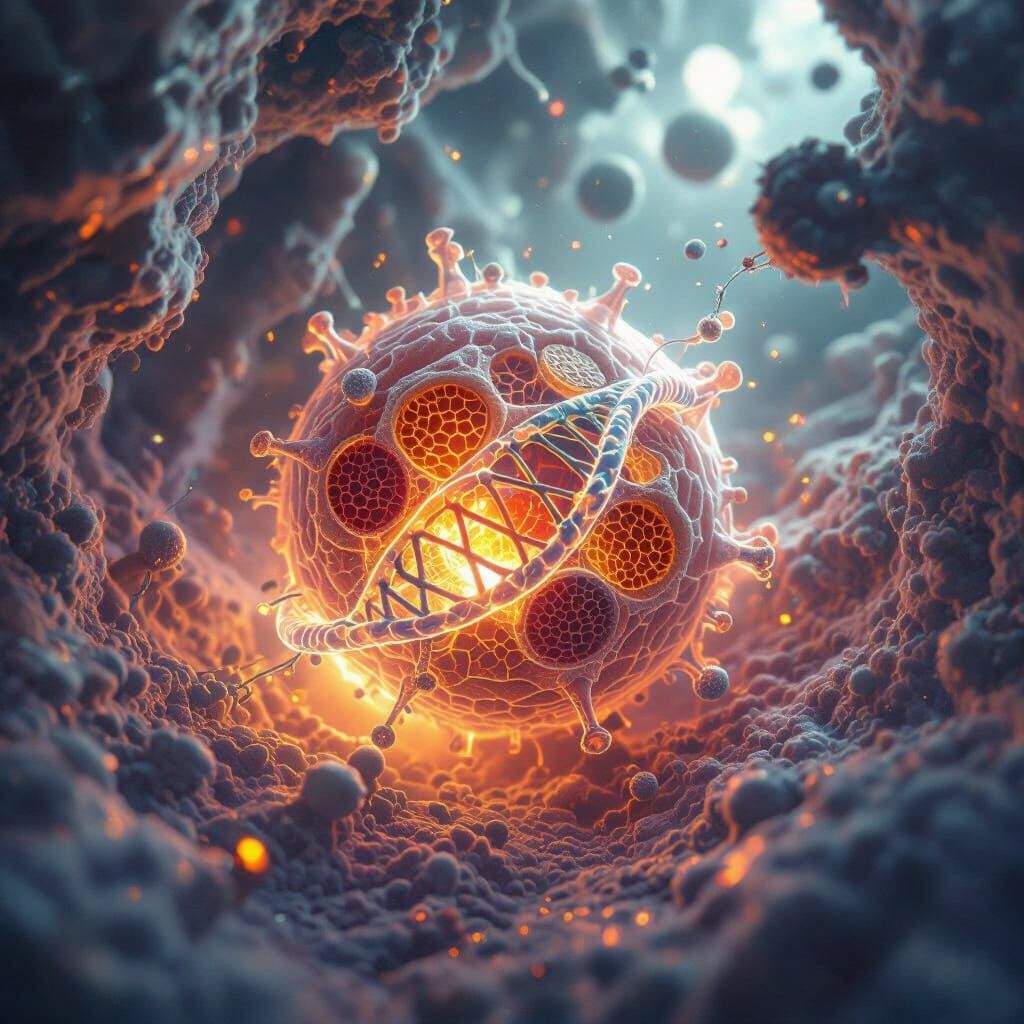 Hyperrealistic Cancer Cell Interior with Detailed DNA