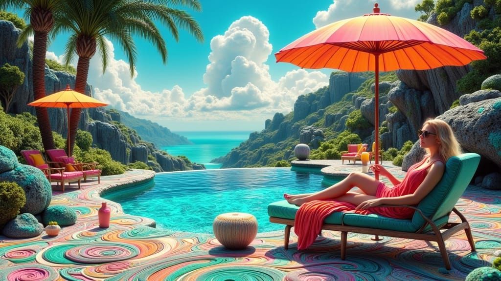 Elegant Woman Sipping Cocktail in Surreal Dreamscape