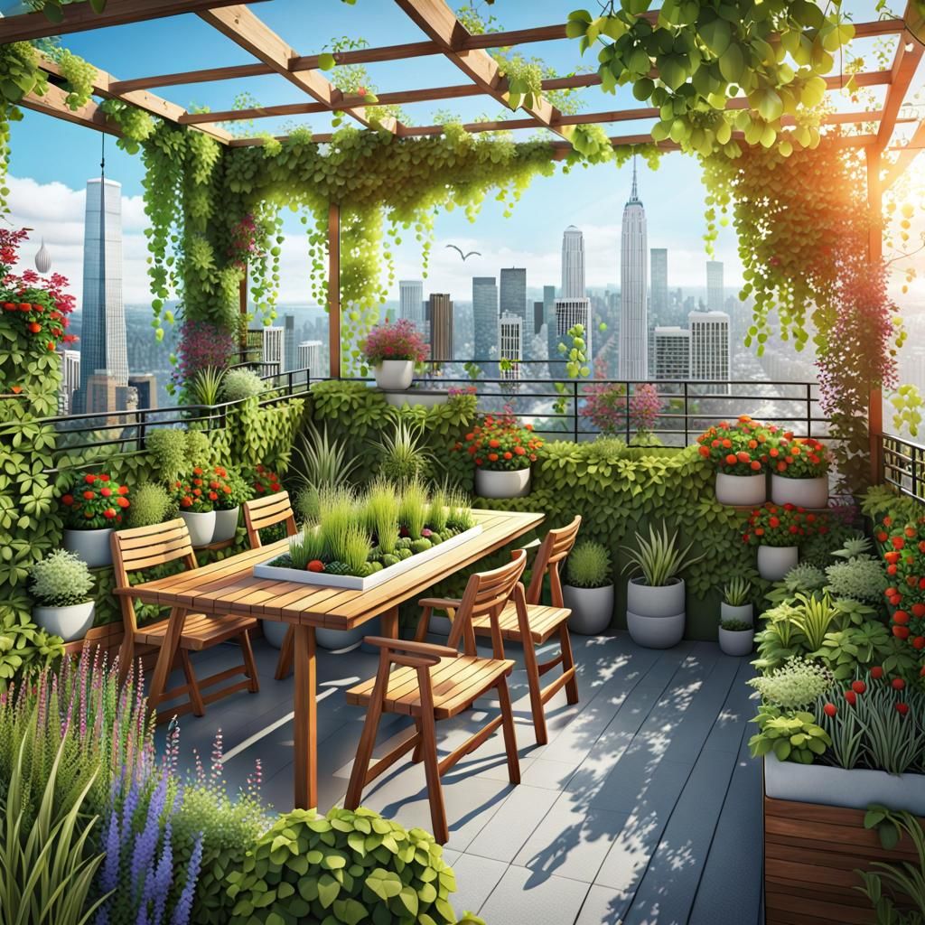 Detailed Rooftop Garden with City View in Ultra HD