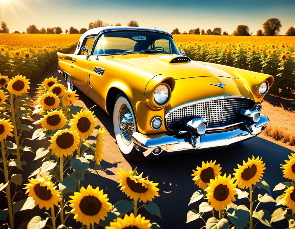 Classic 1957 Thunderbird in Sunflower Field