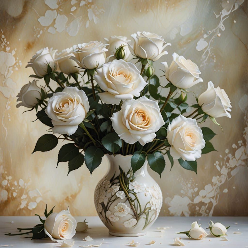 Ethereal White Roses in Porcelain Vase