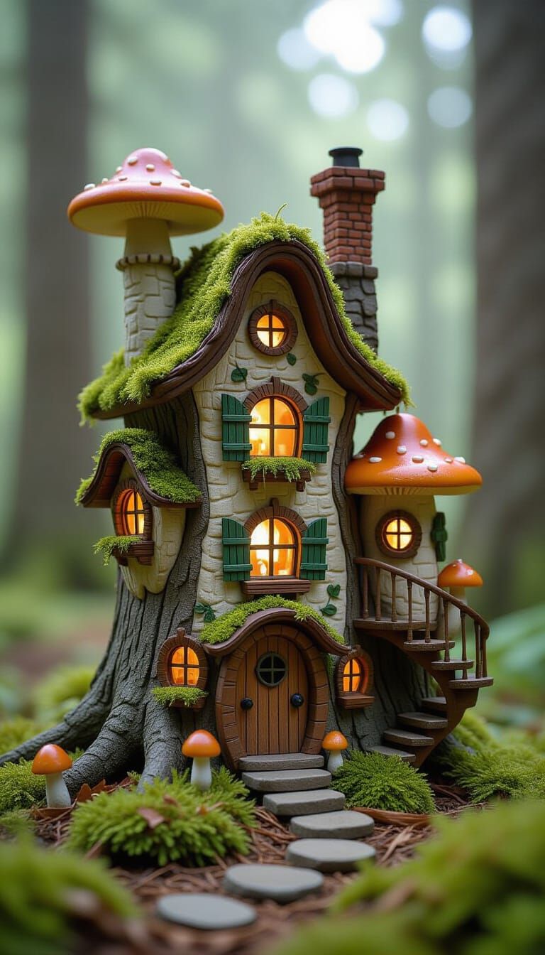 Enchanting Miniature Homes in Forest, Illustration