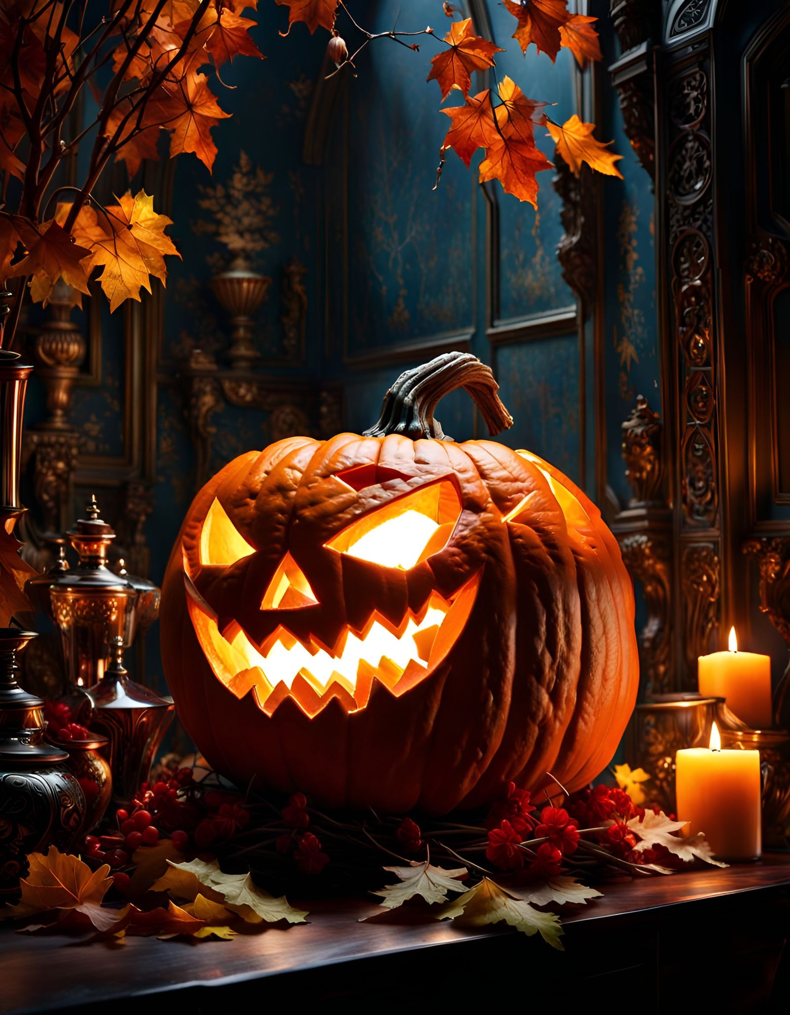 Intricate Pumpkin Carving with Dramatic Lighting