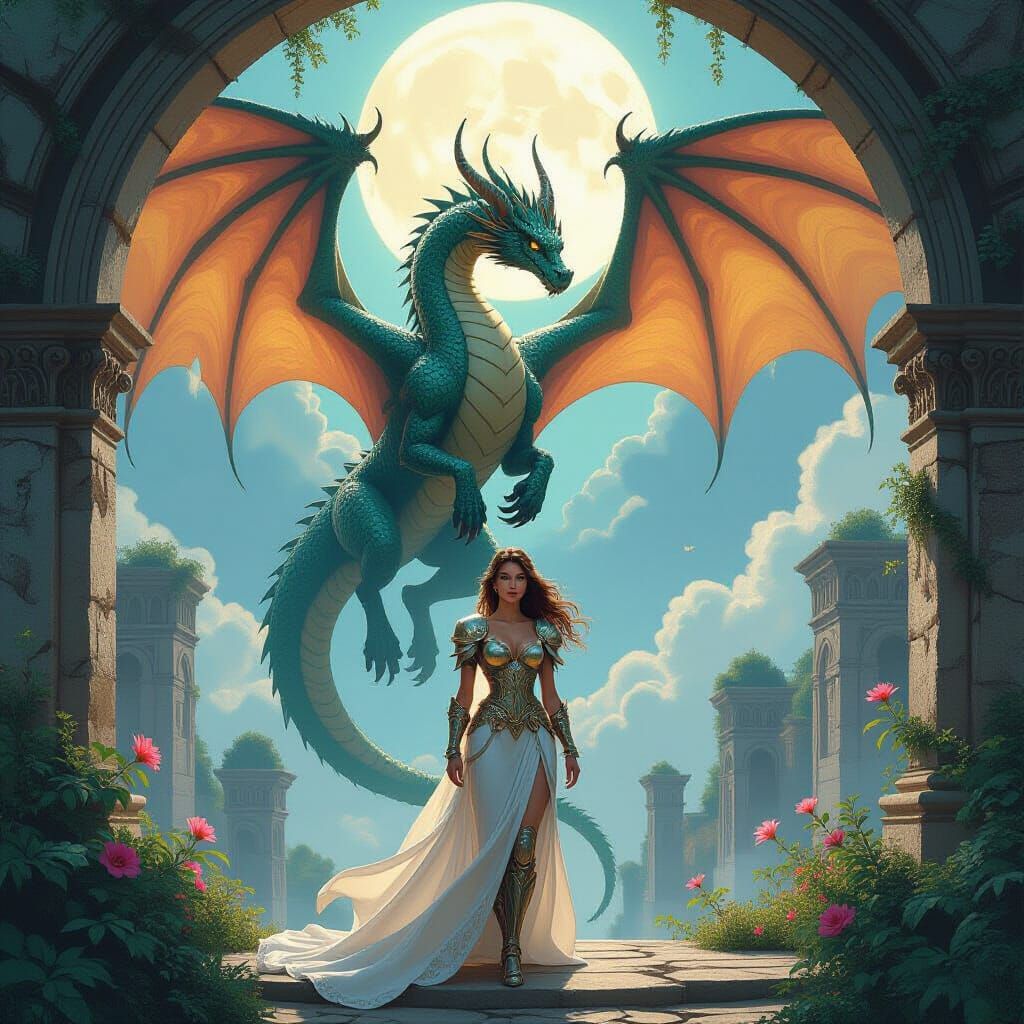 Dragon Protector: Art Nouveau Fantasy Scene