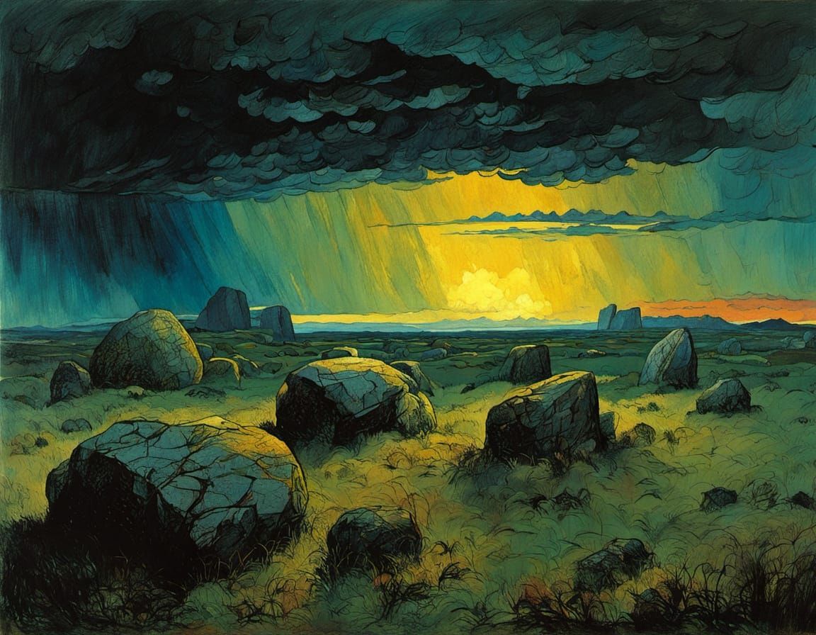 Heath Landscape Under Gathering Stormy Skies in Evening Ligh...