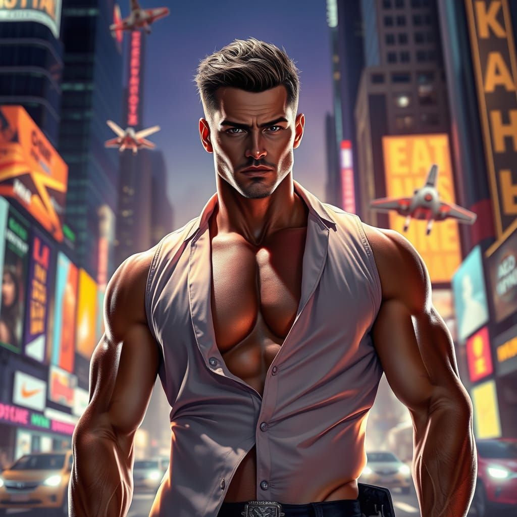 Hyperrealistic Man in Futuristic Cityscape with Neon Vest