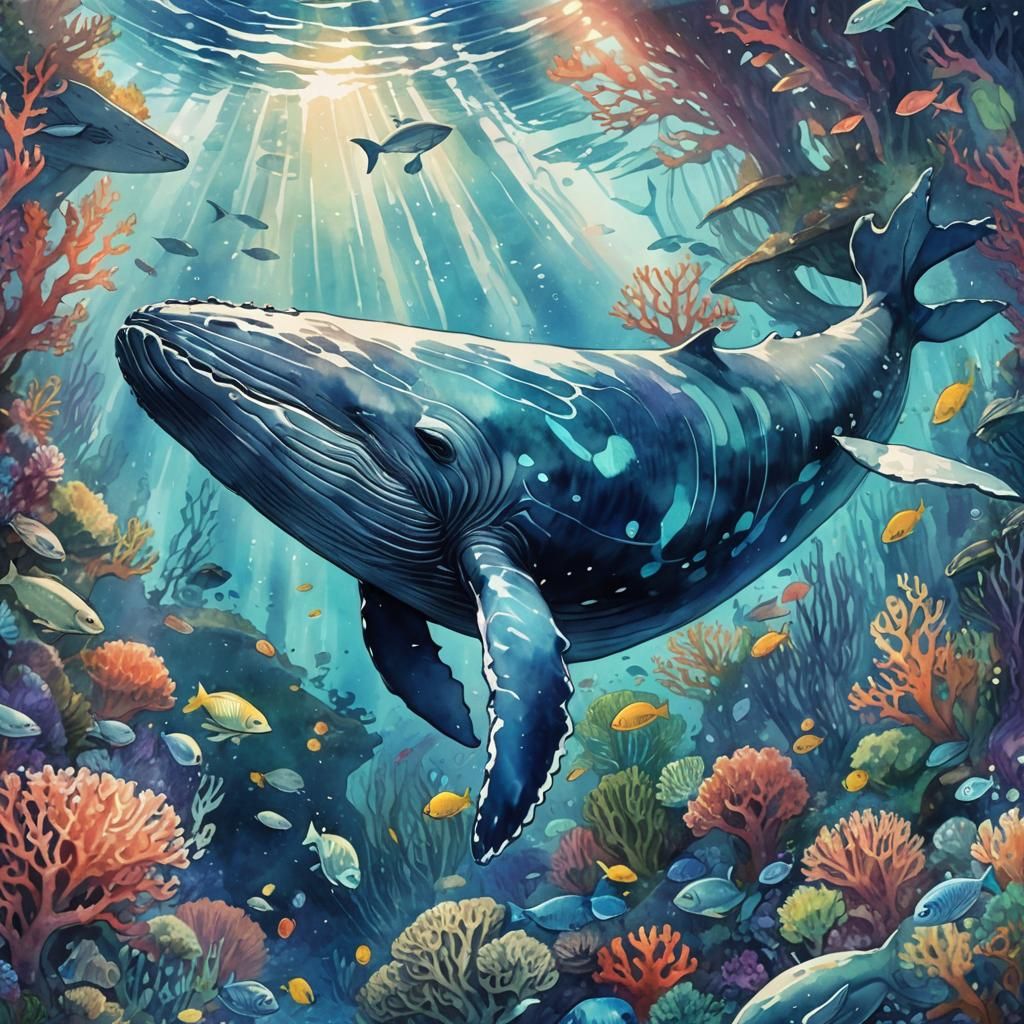 Bioluminescent Whale in Anime Watercolor Style