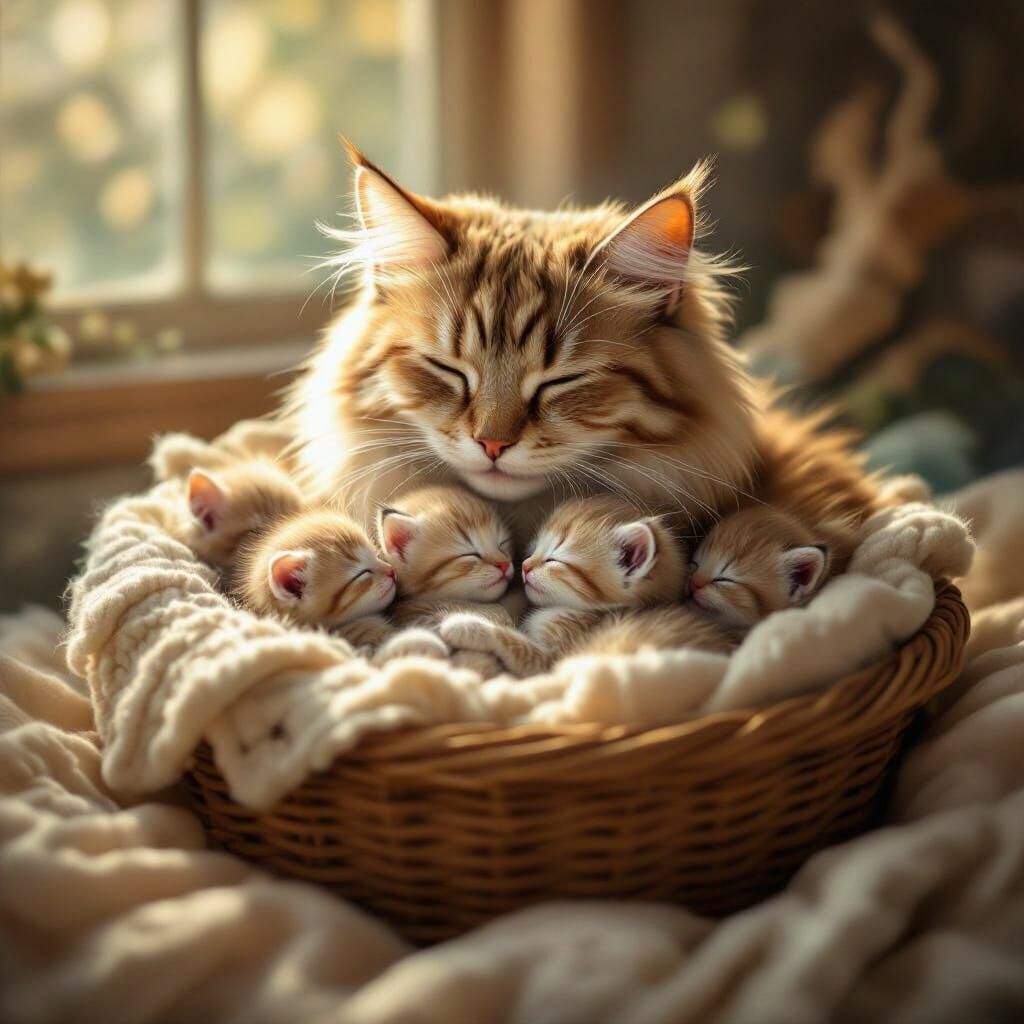 Mother Cat Cuddles Kittens in Cozy Basket