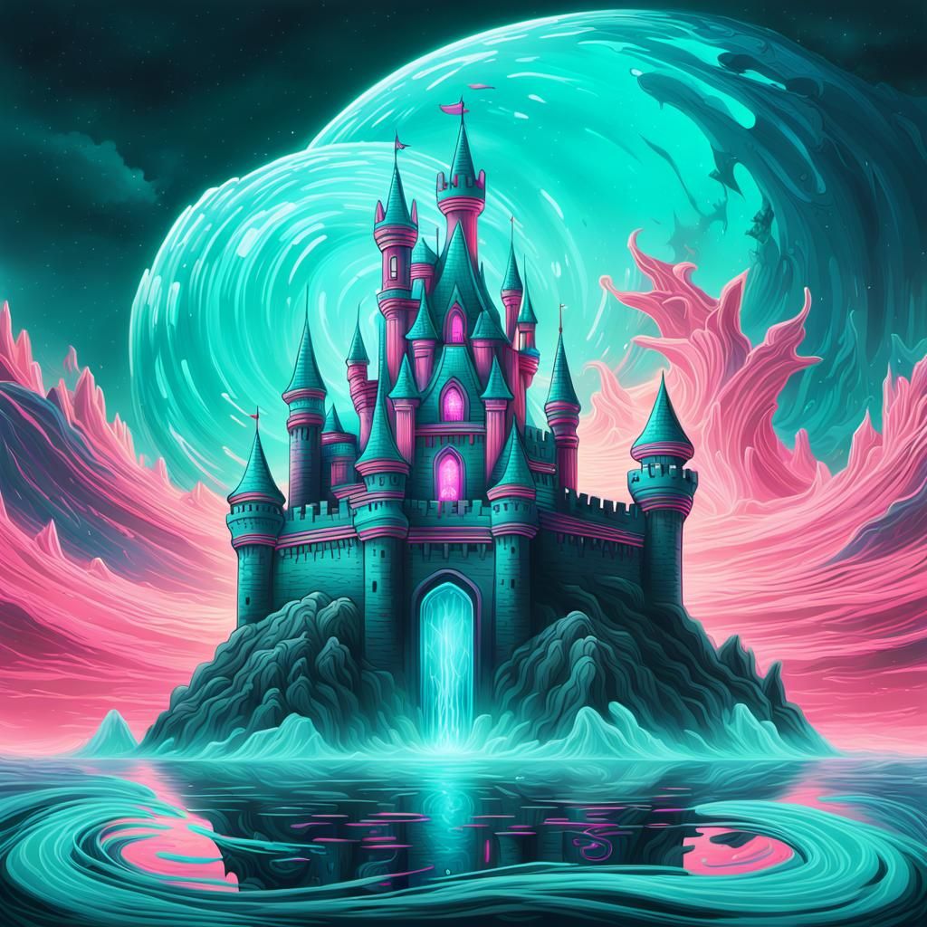 Synthwave Castle with Fantasy Monster in Retro Futurism