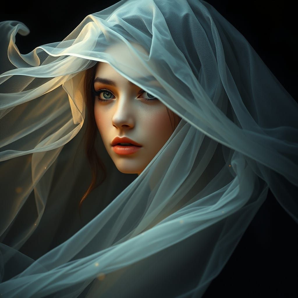 Ethereal Woman in Mystical Veil, Radiant in Soft Light