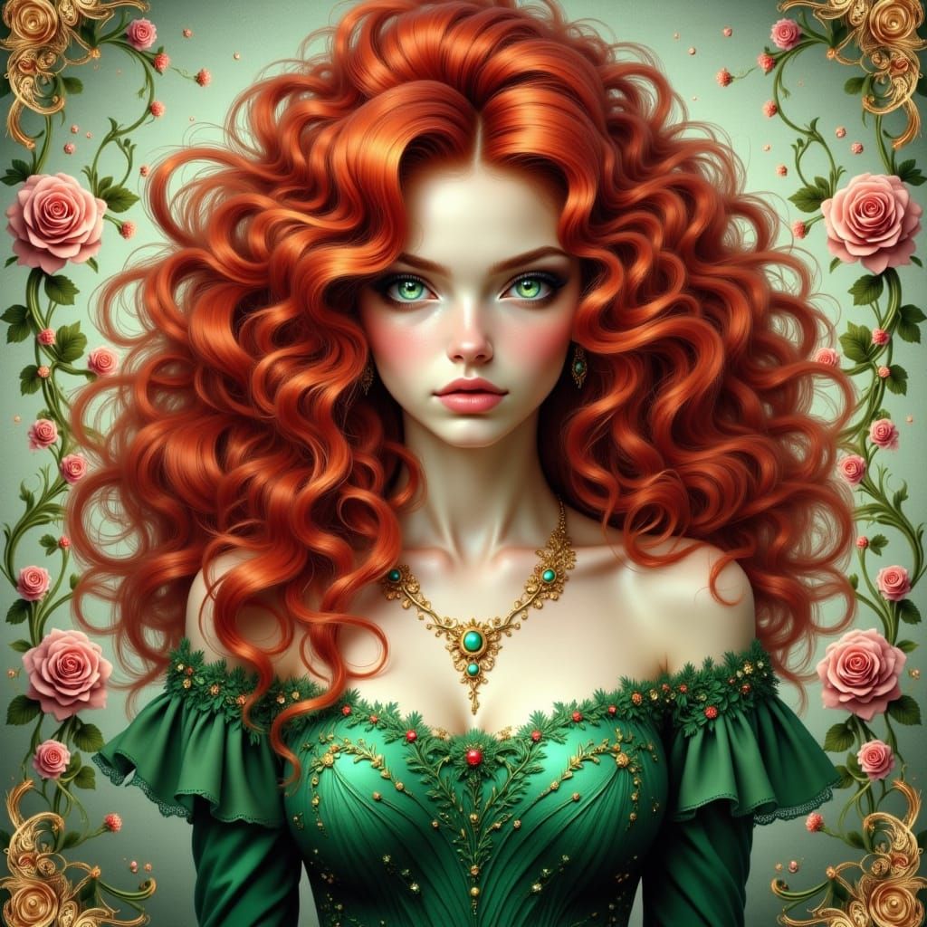 Red-Haired Woman in Emerald Dress, Art Nouveau Style