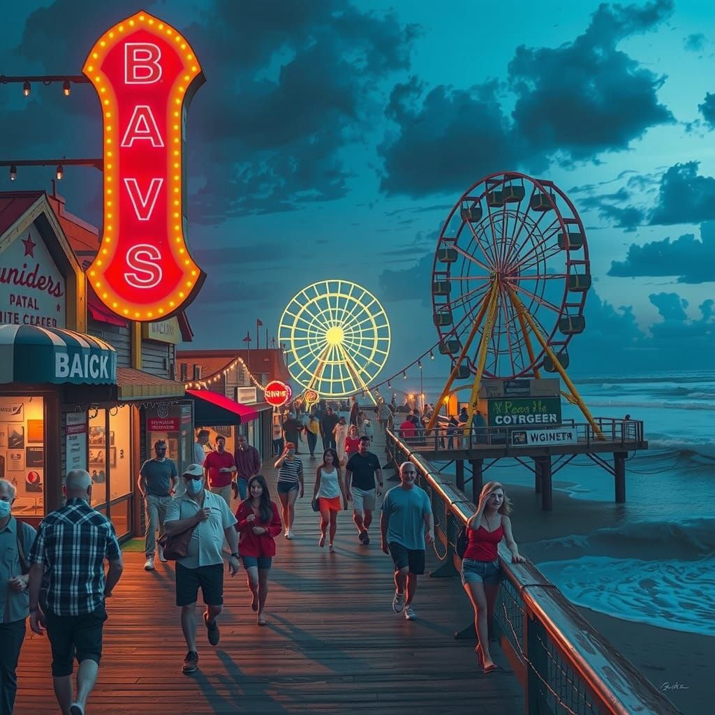 Night Boardwalk Scene in Surreal Fantasy Style