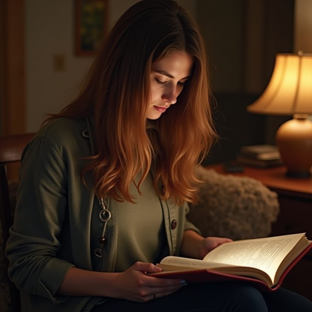 Woman Reading Book in Warm Cozy Room