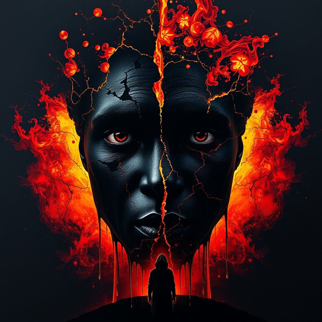 African Model with Magma Iris, Volcanic Eruption Art