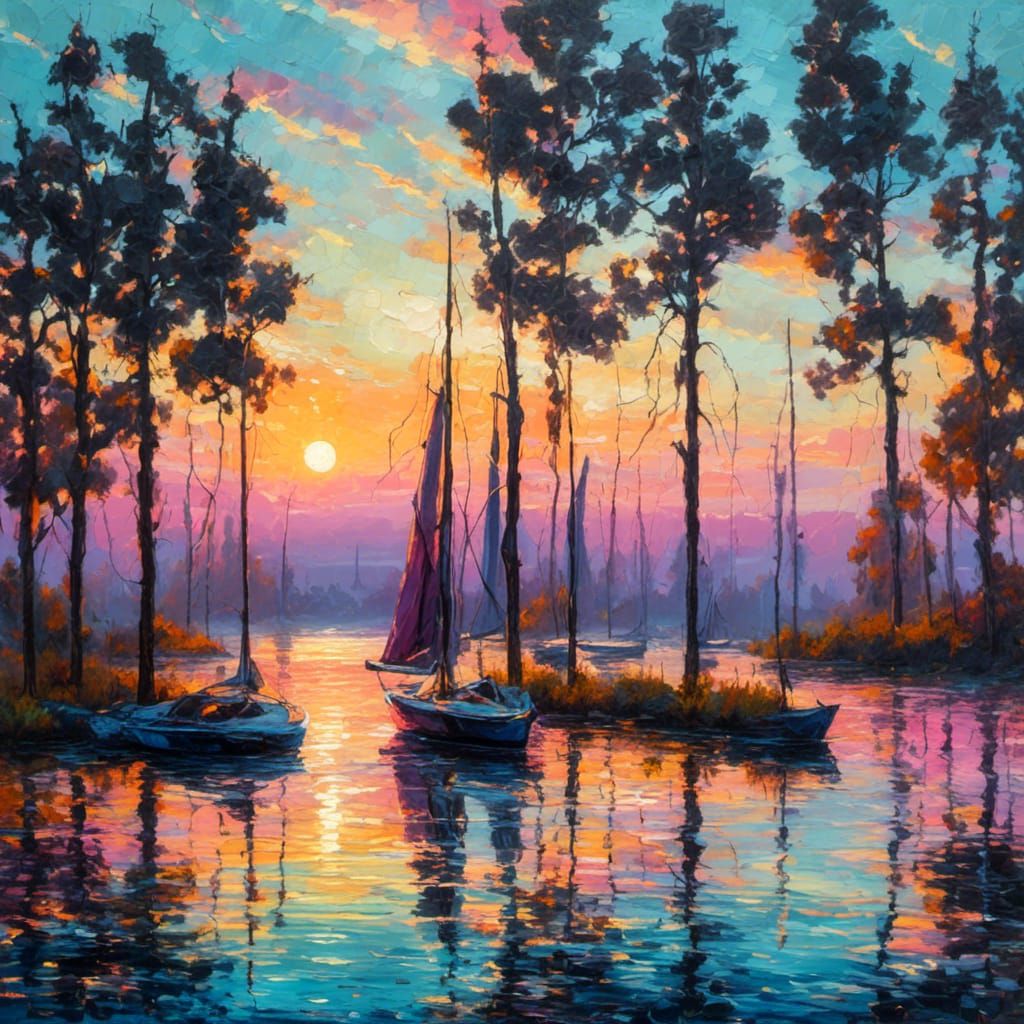 A sailboat silhouette glides across a serene lake at sunset, with tall trees lining the shoreline, glowing rays of light...