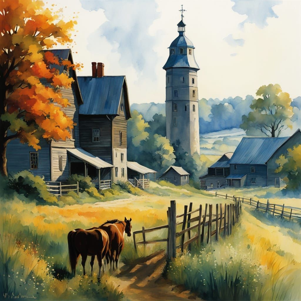 Amish Farm in Vibrant Watercolor Style