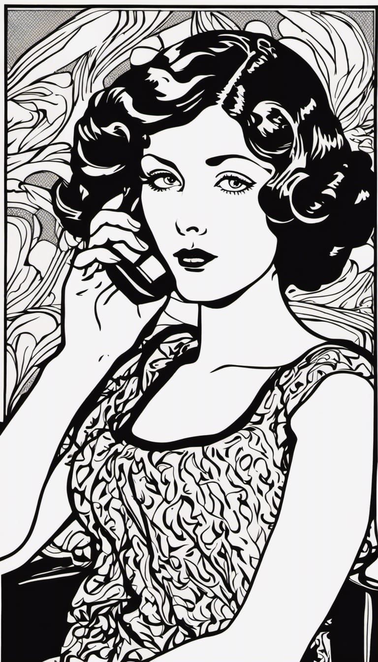 Pop Art Woman Using Smartphone in Black Ink