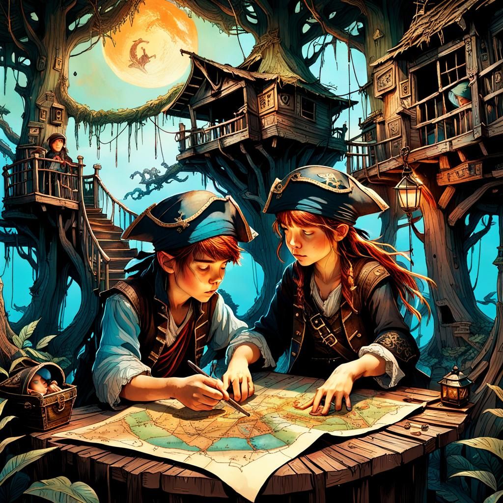 Children Discover Treasure Map in Treehouse, Digital Illustr...