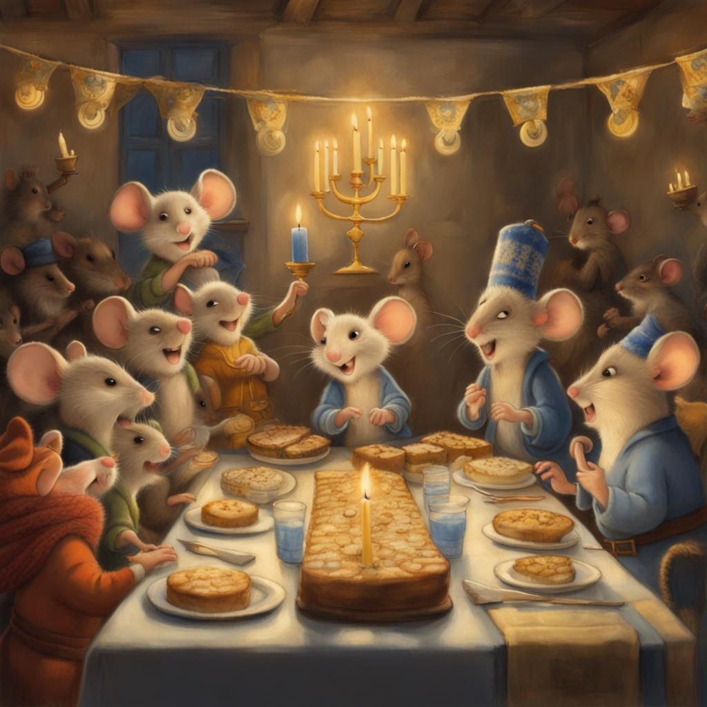 Mice Celebrate Hanukkah in Renaissance Animation Style