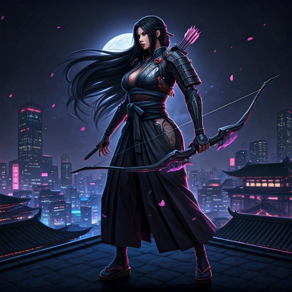Cyberpunk Street Samurai with Bow on Rooftop
