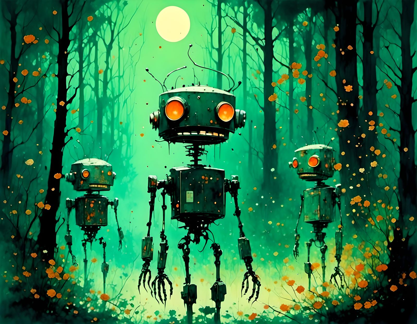 Retro Robots in Forest at Night, Watercolor Style