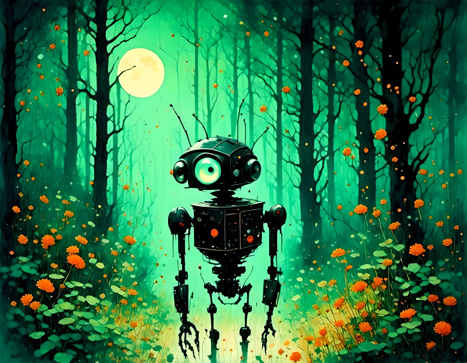 Retro Robots in Forest at Night in Watercolor Style