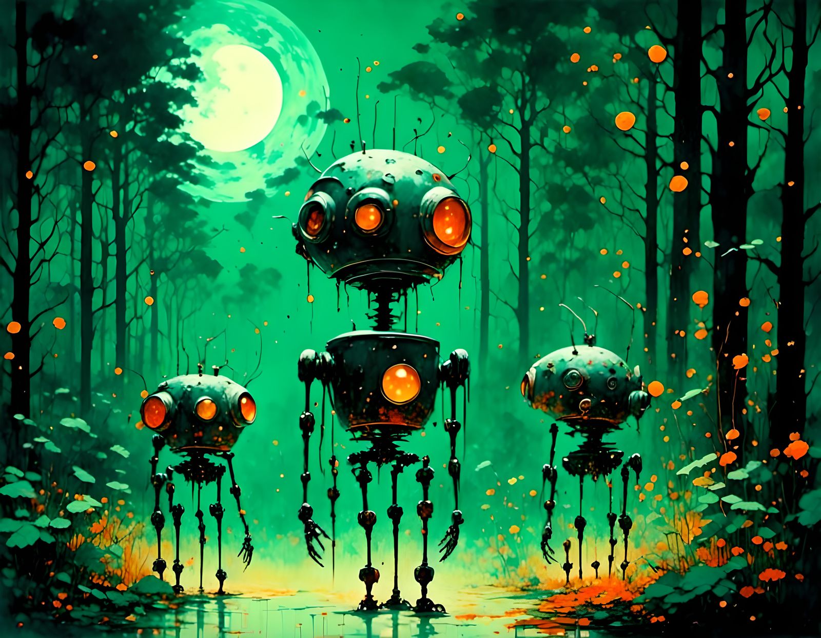 Surreal Robots Amidst Nighttime Forest in Soft Pastel Hues