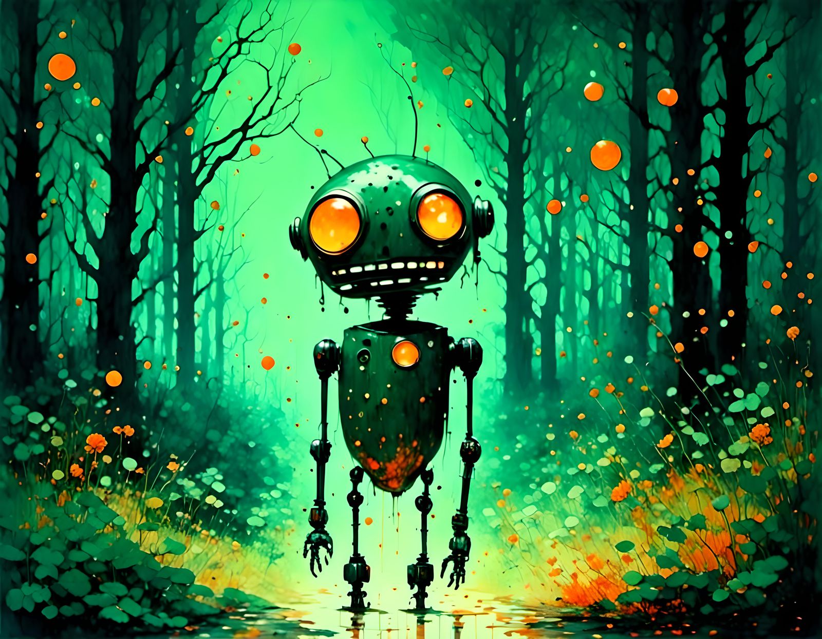 Retro Robots in Forest Under Moon, Watercolor Style