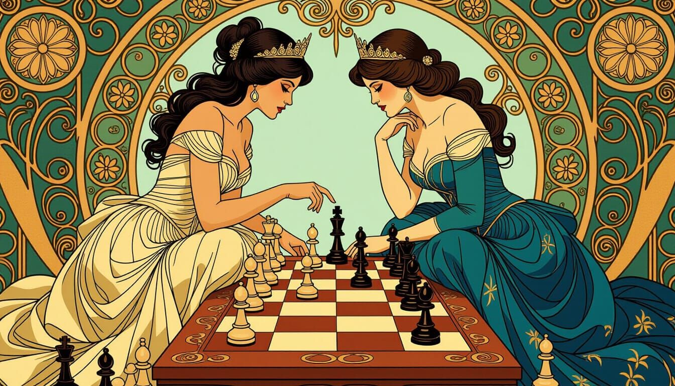 Chess Queens Game in Art Nouveau Style