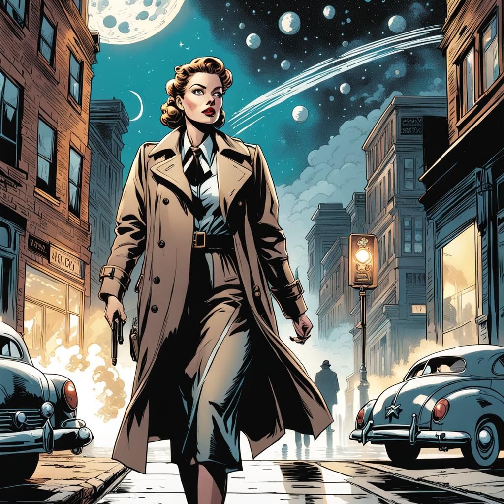 1940s Detective Under Galaxy Sky, Comic Book Art