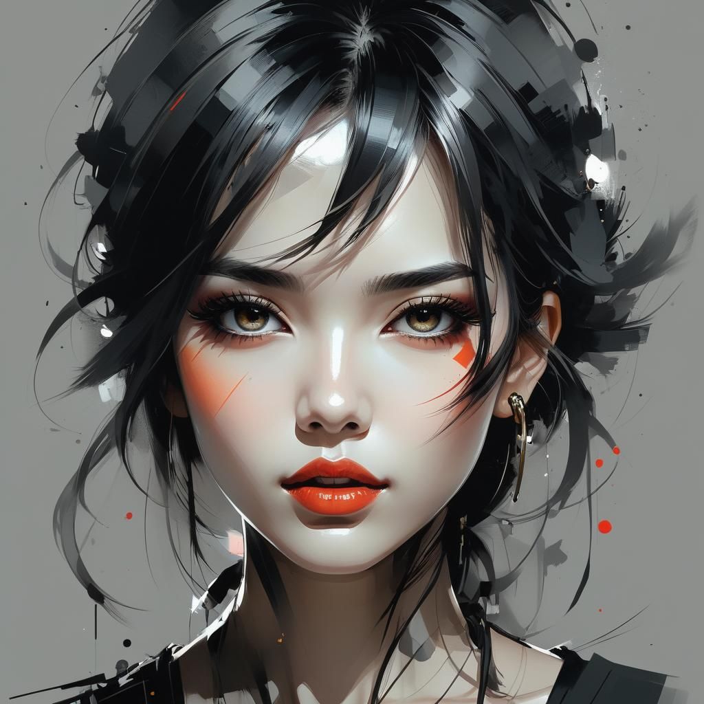 Detailed Illustration of a Beautiful Woman in Mixed Media St...