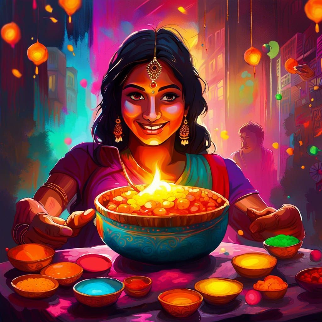 Diwali Celebration with Colorful Lights and Indian Sweets