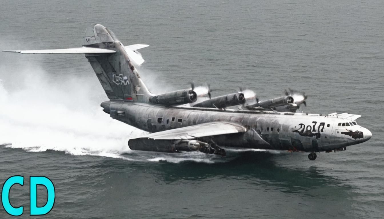 the caspian sea monster plane flying over the ocean graffiti art, splash art, street art, spray paint, oil gouache melti...